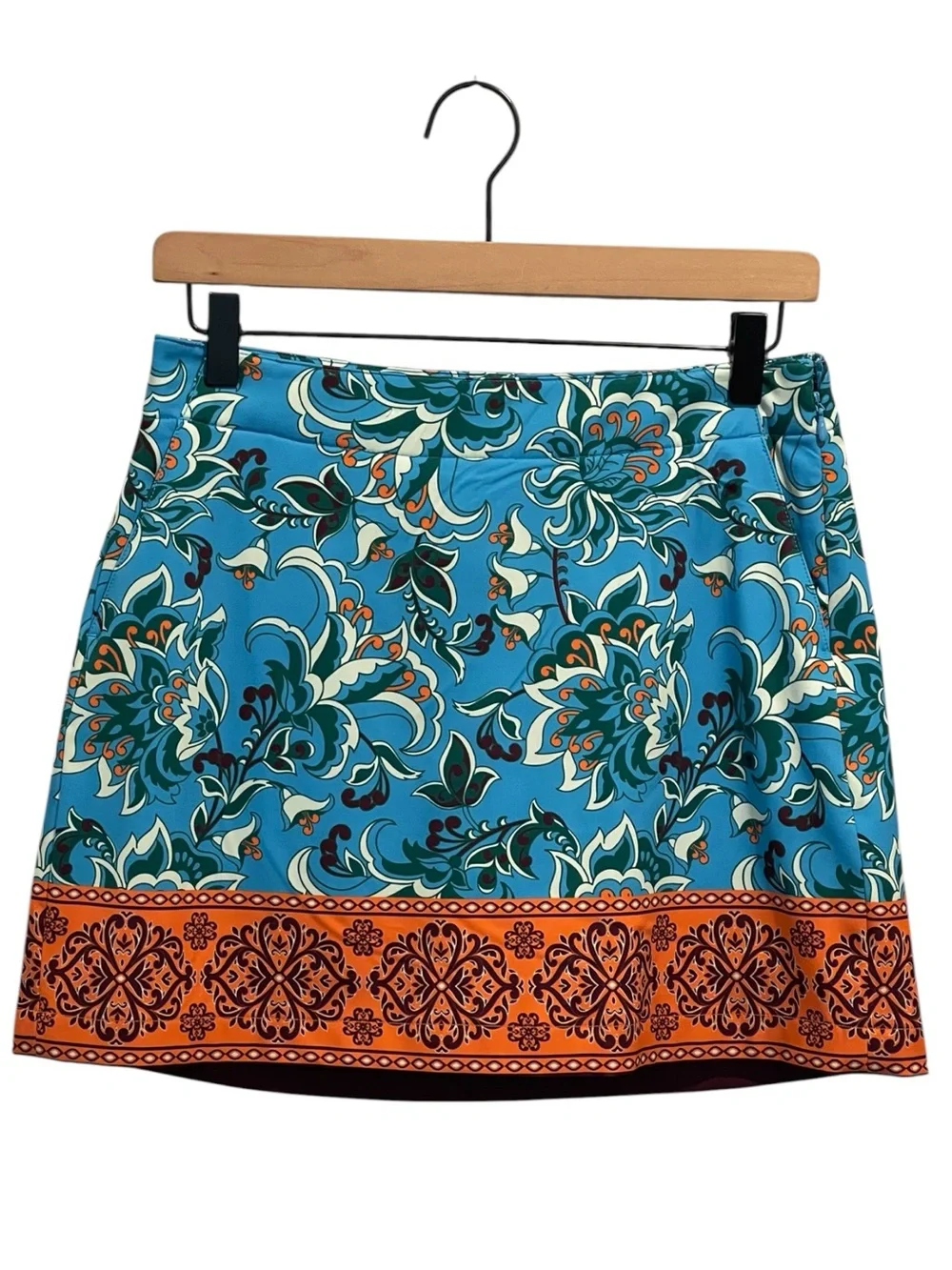 Lady Hagen Turquoise Blue Floral Mini Skirt/Skort with Orange Hem, Size 2